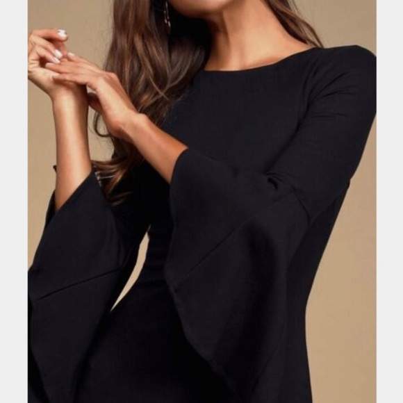 LULU’S GIMME SOME FLAIR BLACK FLOUNCE SLEEVE BODYCON DRESS - Picture 8 of 16